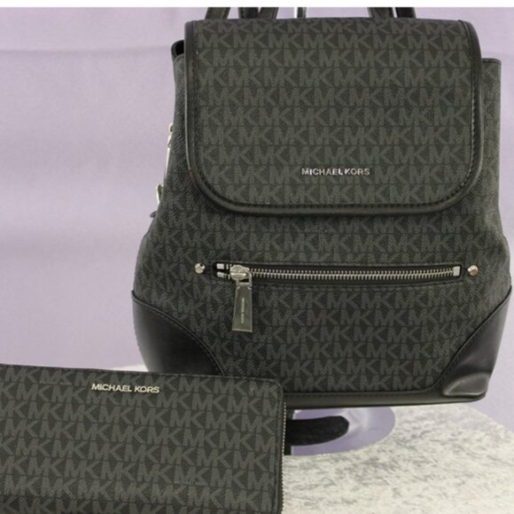 Michael Kors Logo Backpack & Jet Set Travel Wallet Set – Black Monogram - Picture 1 of 13
